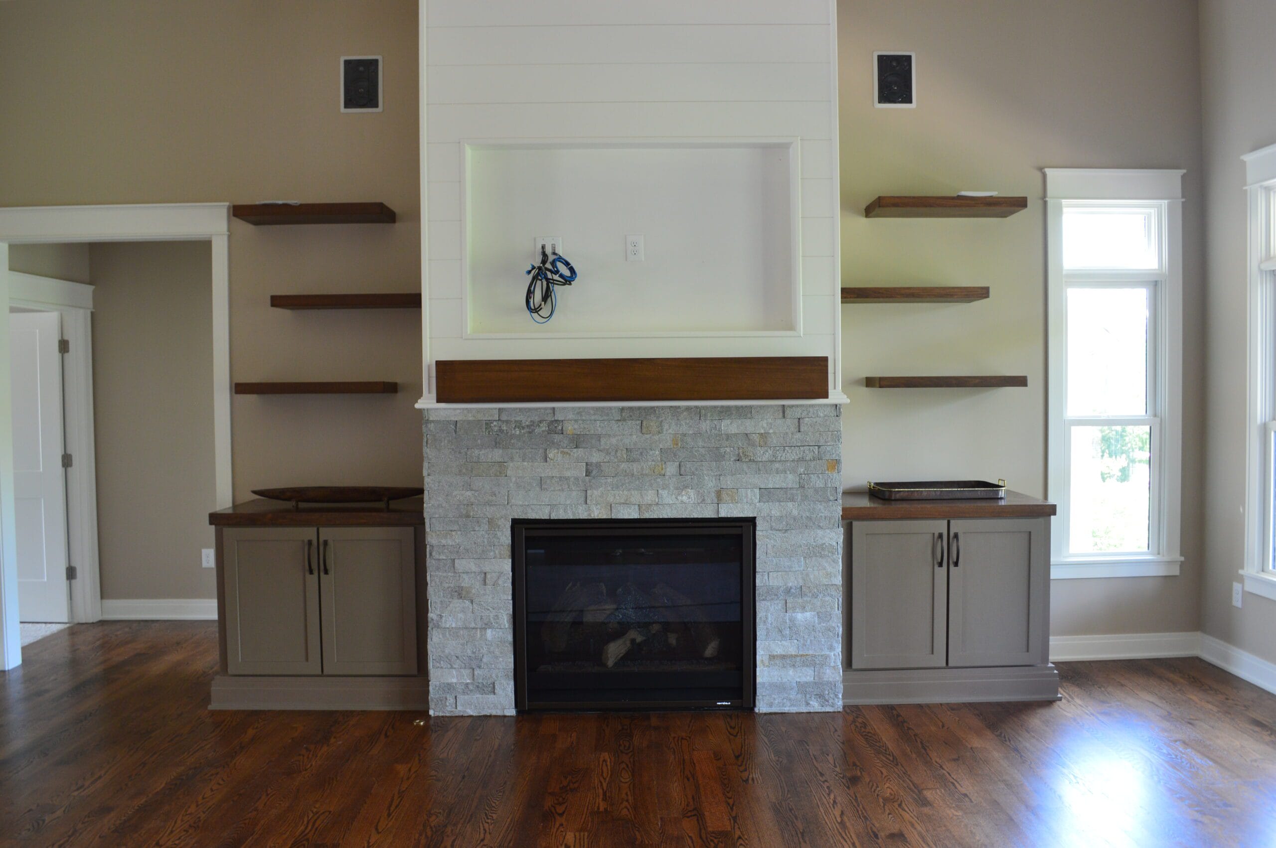 fireplace shiplap mantle built in